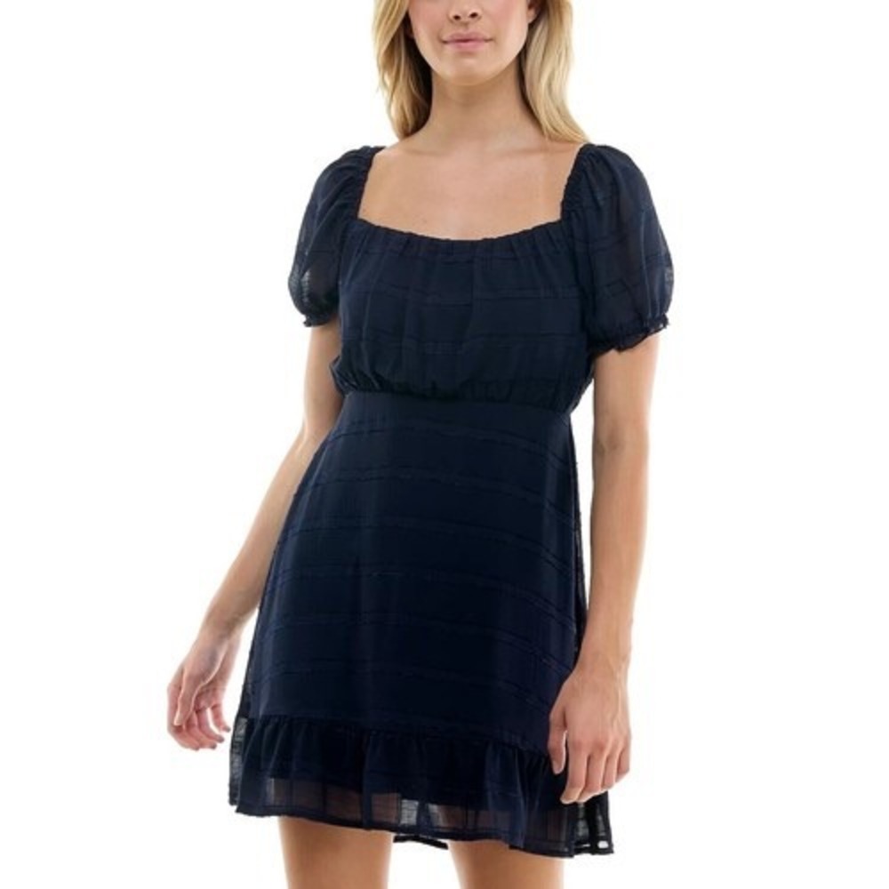 Speechless Women's Juniors Size Small Mini Dress Navy Blue Puff Sleeve Checkered